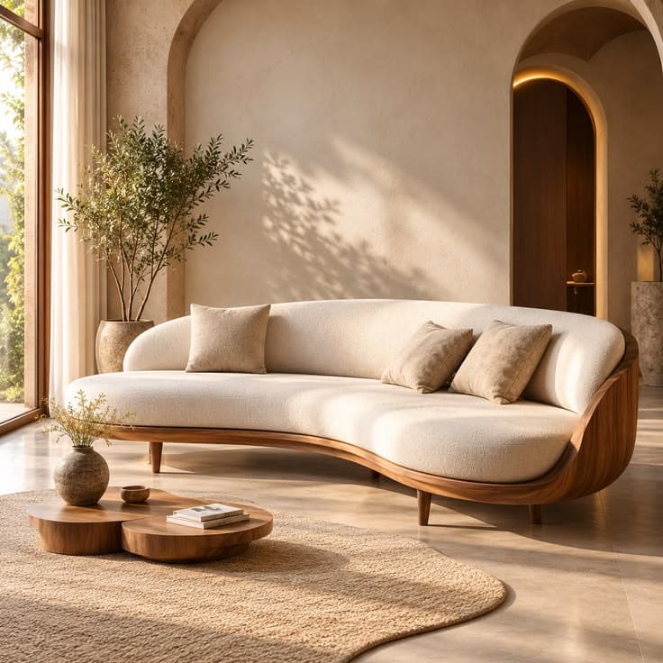 Amaya Curved Walnut & Bouclé Crescent Sofa thumbnail 1
