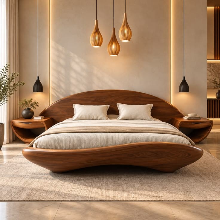 Luna Biomorphic Solid Walnut Floating Bed Suite — Luxury Modern Furniture by LOG